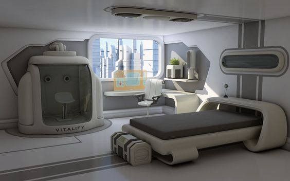 a futuristic bedroom is shown in white and gray