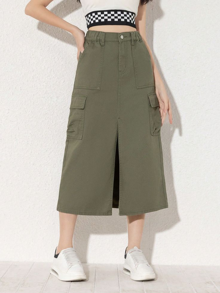 Army Green  Collar  Denim Plain Straight Embellished Non-Stretch  Teen Girls Clothing Skirt Outfit Denim, Green Skirt Outfit, Green Skirt Outfits, Girls Denim Skirts, Outfit Denim, Collared Greens, Styles P, Girls Denim