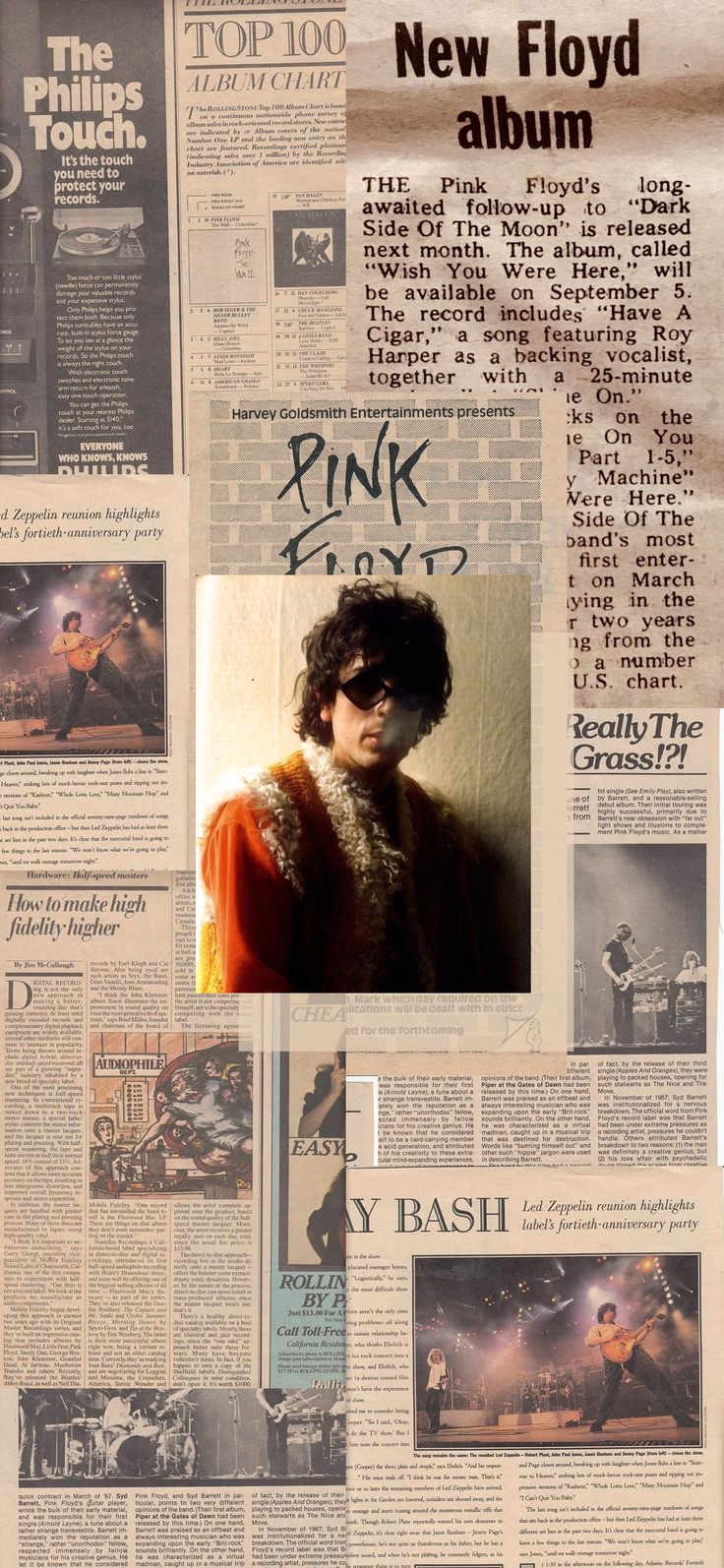 an image of a man with sunglasses on top of a newspaper page that reads pink floyd