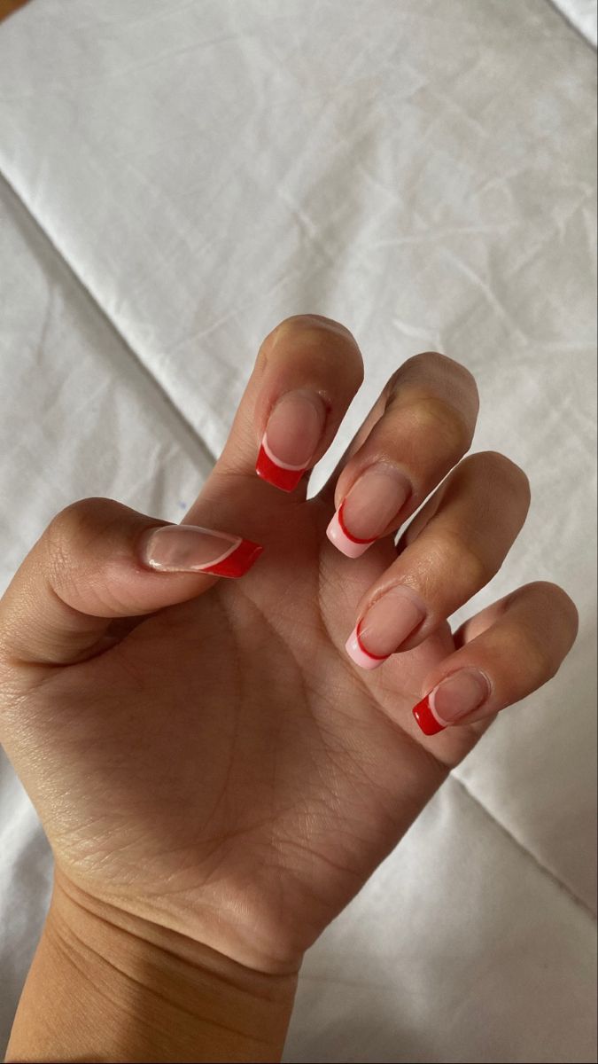 Classy Vday Nails, Red And Pink Nails French, Red And Pink Tip Nails, Red Or Pink Nails, Pink And Red Tip Nails, Red Pink French Nails, Red And Pink Nails Short, Light Pink And Red Nails, Red And Pink French Tip