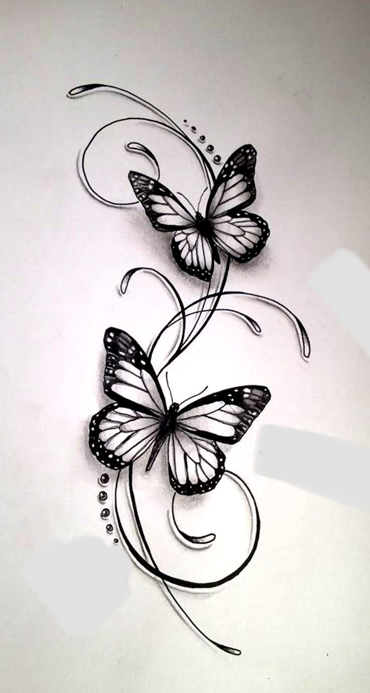 two butterflies with swirls and dots on white paper