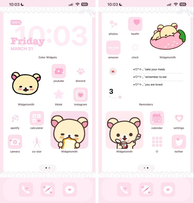 the pink theme for an iphone app with cute cartoon animals on it, and two different screens