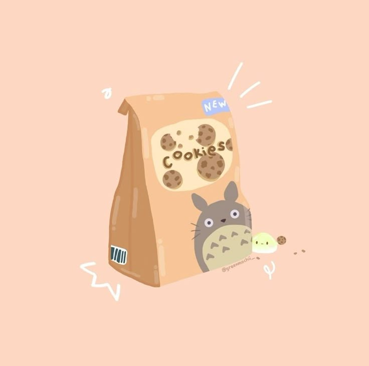 a bag of cookies with a totoro eating it's own cookie in front of it