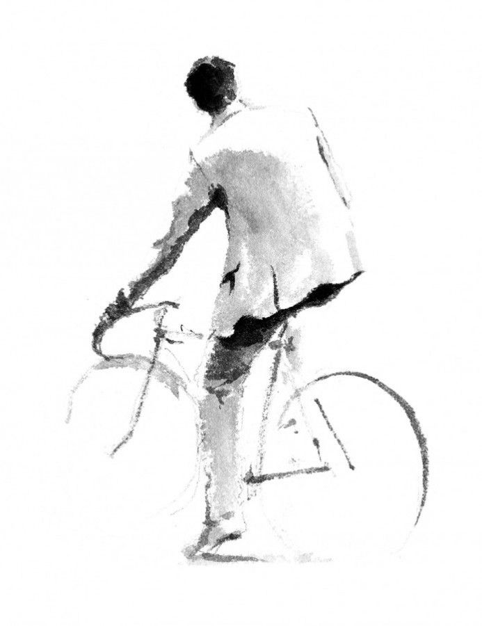 a black and white drawing of a man riding a bike