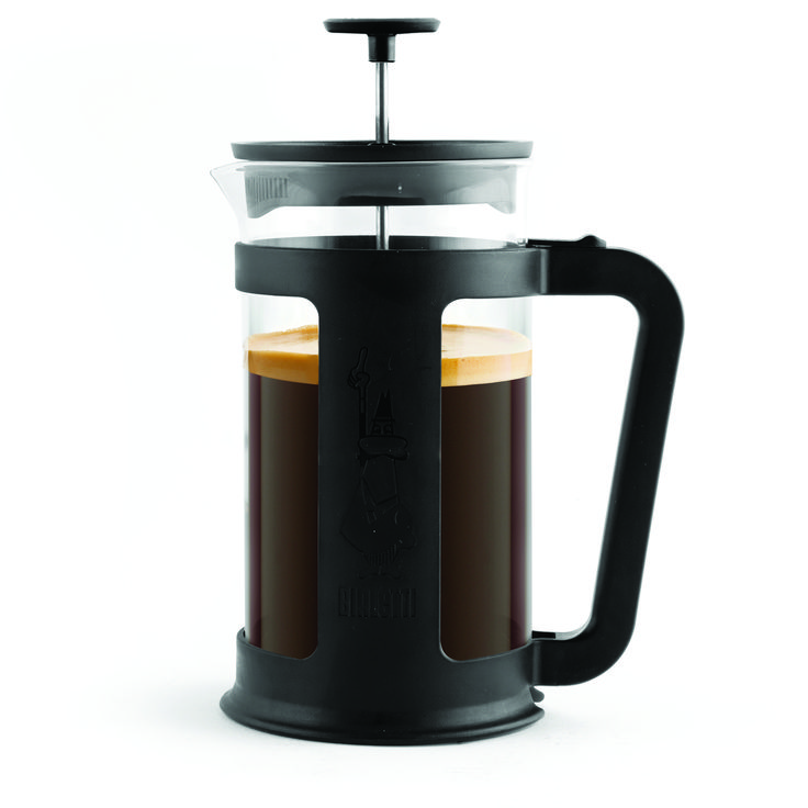 a black french presso coffee maker with two cups on the front and one cup in the back