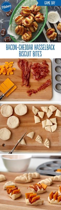 bacon cheddar hassel back biscuit bites on a cutting board with other ingredients