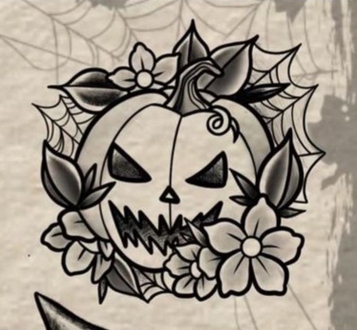 a drawing of a pumpkin with flowers on it