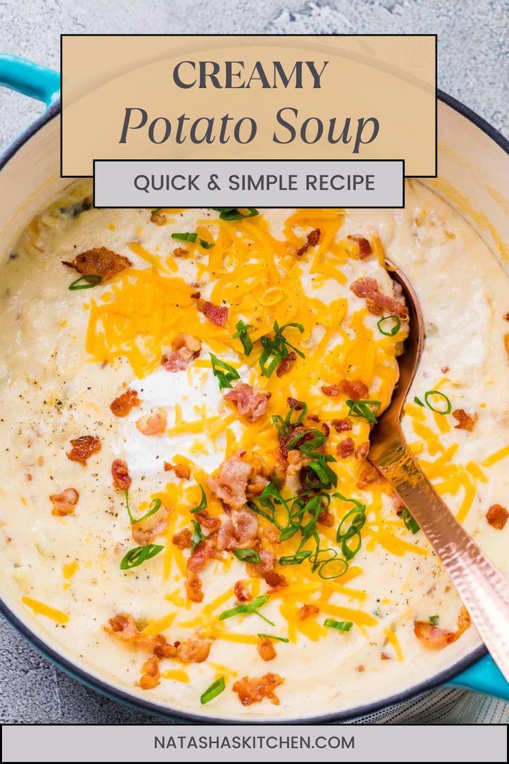 This easy creamy loaded Potato Soup recipe is so good! It’s loaded with hearty potatoes and savory, crunchy bacon in a creamy base made without using heavy cream. This quick, 30-minute recipe is a total comfort food that you’ll make over and over again. Best Cream Of Potato Soup, Panera Loaded Baked Potato Soup, Loaded Potato Soup With Heavy Cream, Heavy Cream Soup Recipes, Soup With Heavy Whipping Cream, Baked Potato Soup Using Hashbrowns, Potato Soup For 2, Cream Potatoes Soup Recipe, Potato Soup Without Heavy Cream