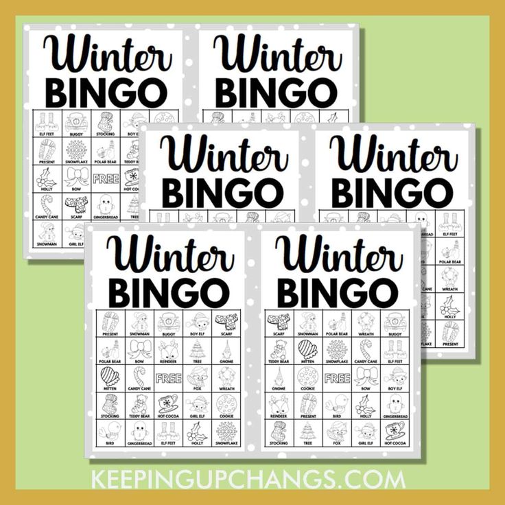 four winter bingo game cards with the words winter and snow on them