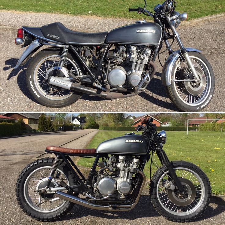 two pictures of a motorcycle parked on the street