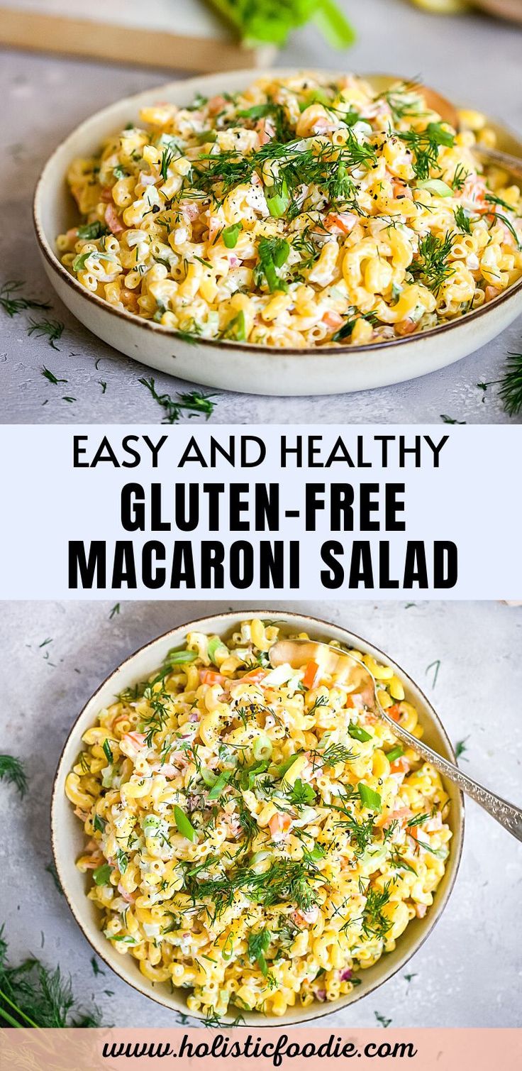 two plates filled with macaroni salad on top of each other and the words easy and healthy gluten - free macaroni salad below