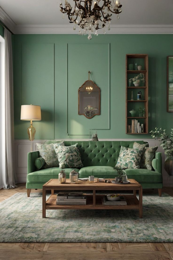 a living room with green walls and furniture