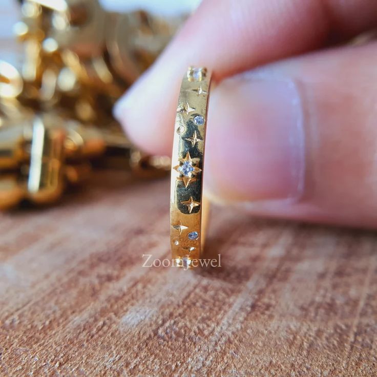 14K Solid Gold Star Wedding Band Full Eternity Gold Ring | Etsy Celestial Single Cut Diamond Promise Jewelry, Celestial Style Promise Jewelry With Single Cut Diamonds, Dazzling Gold Eternity Band Gift, Cubic Zirconia Rings Suitable As Gifts, Star-shaped Cubic Zirconia Wedding Jewelry, 14k Gold Wedding Huggie Ring, 14k Gold Huggie Wedding Ring, Cubic Zirconia Huggie Rings As Gift, Celestial Jewelry With Prong Setting For Weddings