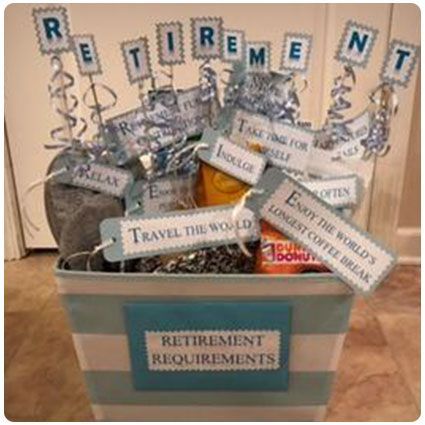 a bucket full of retirement related items sitting on the floor