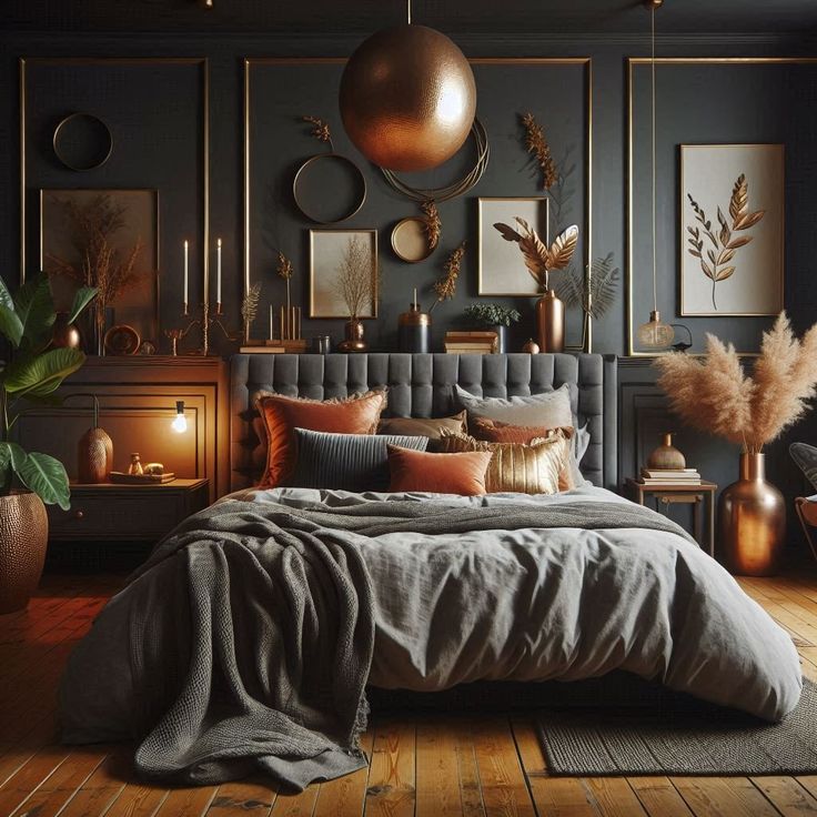 a bedroom with dark walls and wooden flooring is decorated in gold, grey and copper