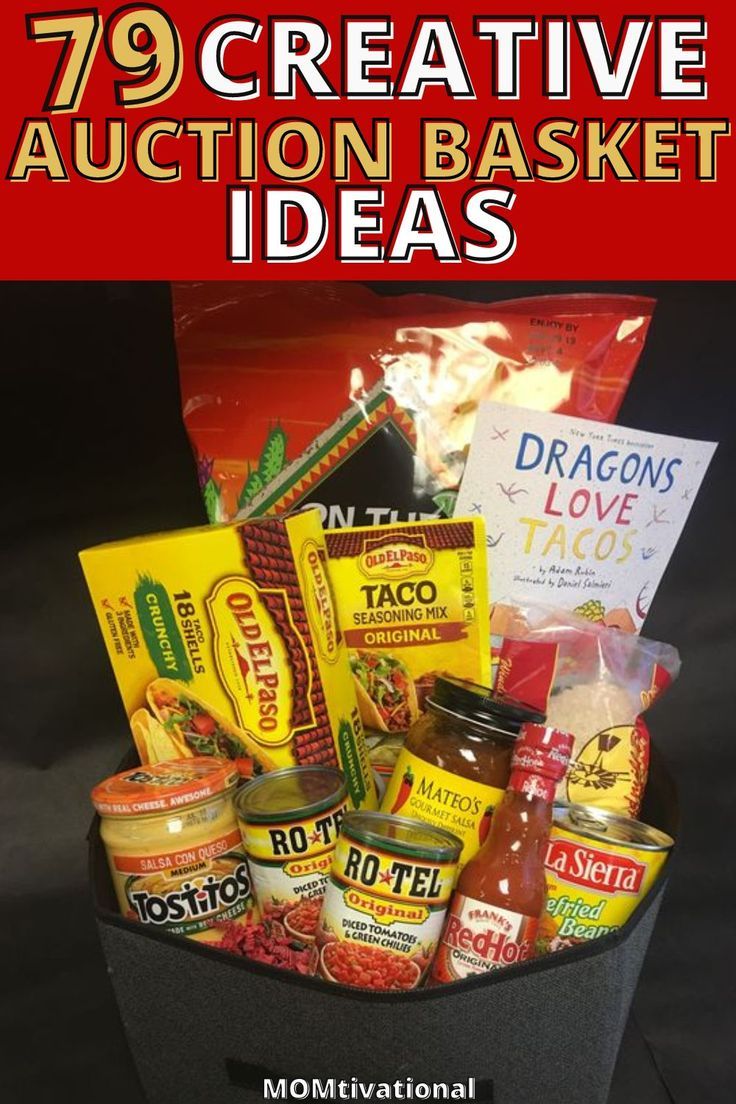 Taco-themed auction basket featuring taco shells, seasoning mix, salsa, and a 'Dragons Love Tacos' book, ideal for fundraising raffles and silent auctions. Creative Auction Basket Ideas, Nurse Raffle Basket Ideas, Charity Baskets Ideas, Fun Auction Basket Ideas, Fun Auction Baskets, Automotive Gift Basket Ideas, Chinese Auction Gift Ideas, Raffle Prize Basket Ideas, Diy Family Game Night Gift Basket