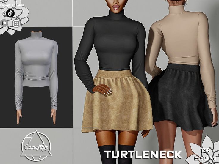 two women in skirts and turtle neck shirts