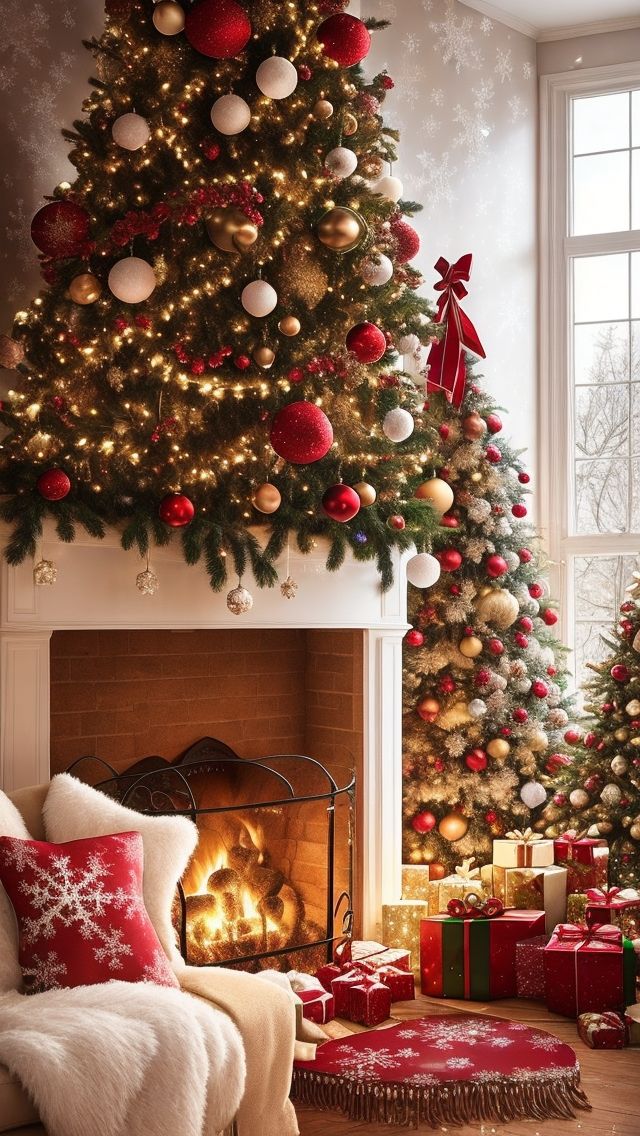 a living room decorated with christmas trees and presents