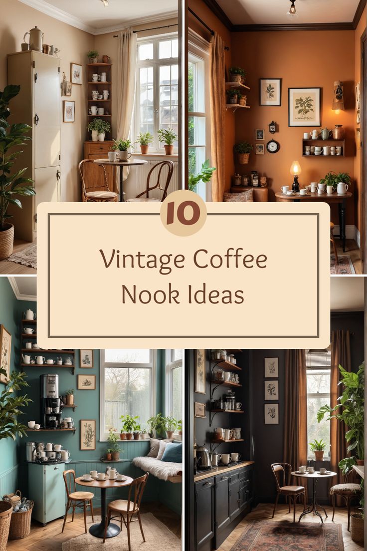 Discover 10 lovely vintage coffee nook designs featuring charming decor and warm ambiance. The pin showcases 4 stunning images, demonstrating cozy arrangements with furniture like bentwood chairs and delightful vintage styling elements.