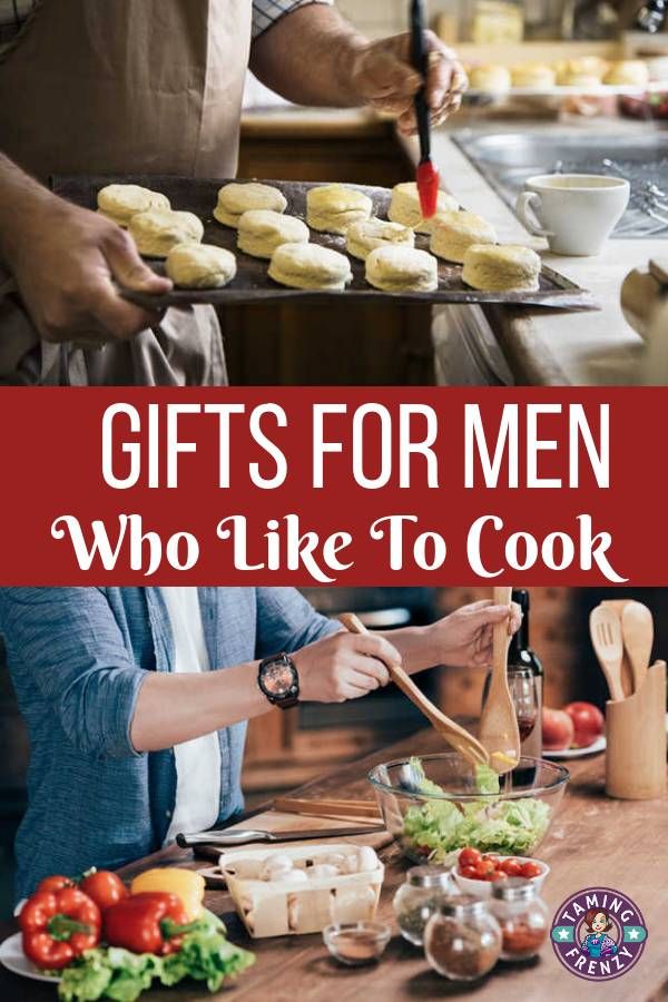 two people preparing food in the kitchen with text that reads gifts for men who like to cook