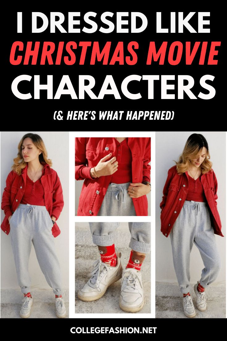 a woman wearing red shirt and grey pants with text that reads i dressed like christmas movie characters