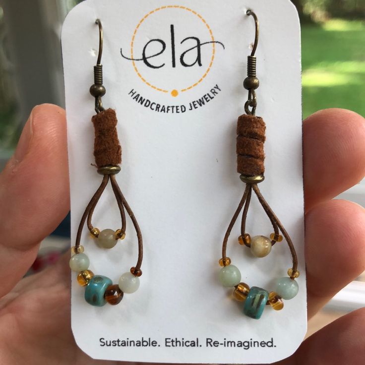 Handcrafted Earrings With Repurposed Suede And Leather Cord, Reclaimed Beads And New Bronze Wire. Ela Jewelry Is Eco-Friendly, Most Materials Are Reclaimed Or Repurposed, Waste Is Minimal, All Packaging Is Recycled And Ready-Usable. Support Women-Owned Small Businesses! Leather Cord Jewelry Tutorial, Earring Packaging Ideas, Leather Cord Earrings, Deer Horn Jewelry, Wooden Bead Jewelry, Leather Cord Jewelry, Pebble Jewelry, Jump Ring Jewelry, Handmade Leather Jewelry