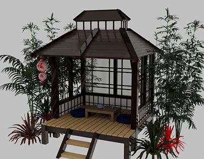 a small gazebo surrounded by plants and flowers