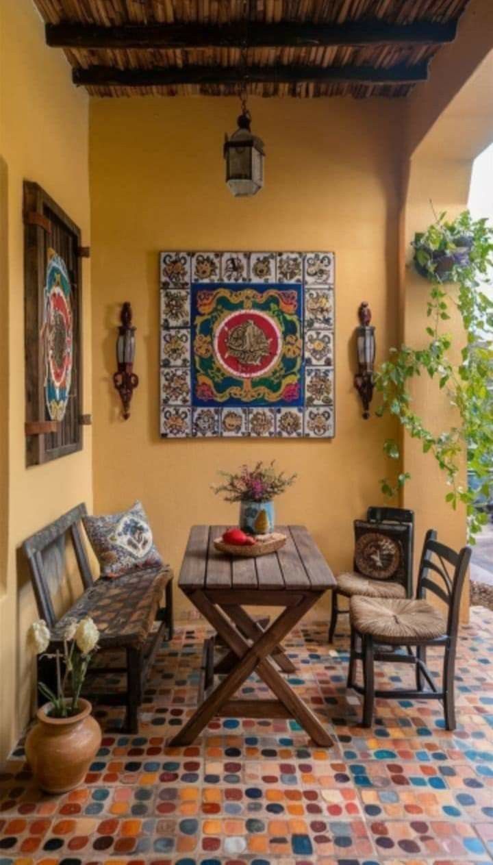 an outdoor patio with two chairs and a table in front of a painting on the wall