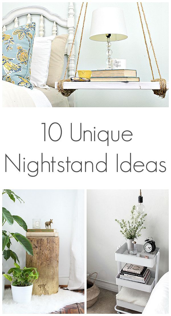 the words 10 unique nightstand ideas are shown in three different pictures, and there is