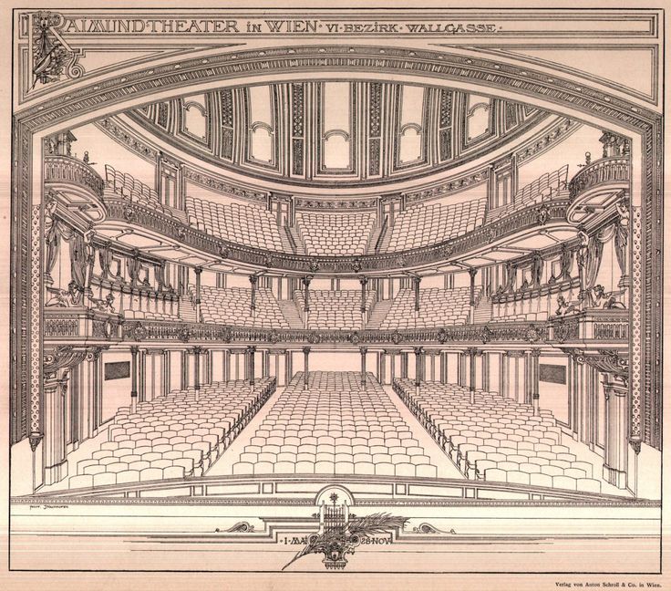 an old drawing of a theatre with rows of seats