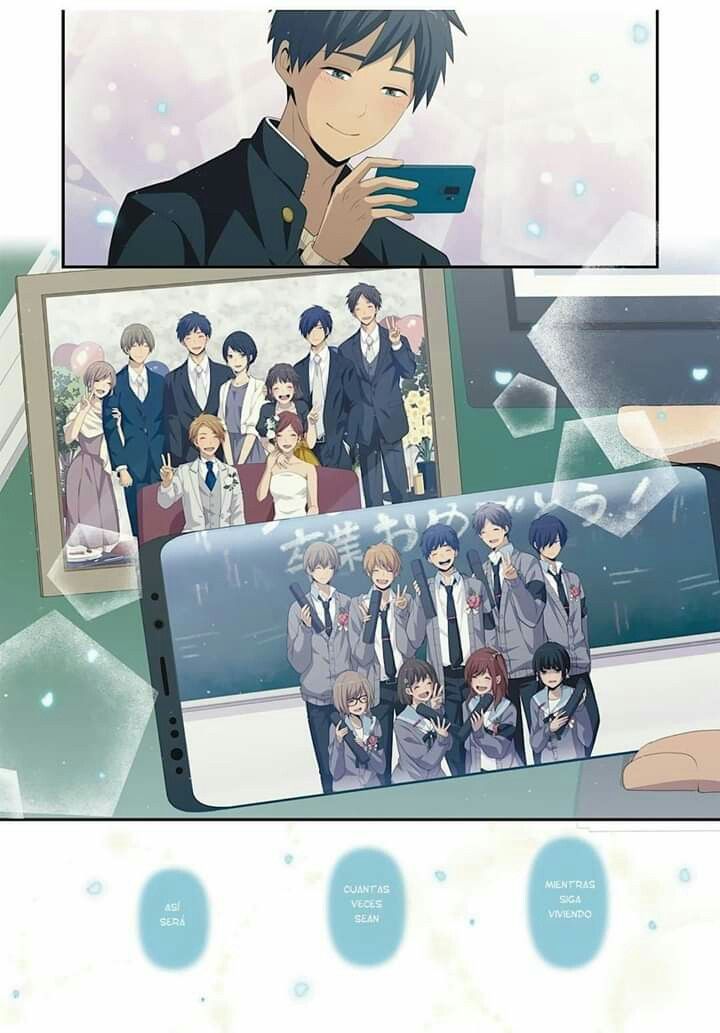 an anime character is looking at his cell phone and holding it up to the camera