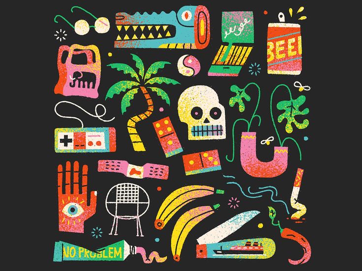 a black background with various colorful items and symbols on it, including palm trees, books, scissors, keys, etc