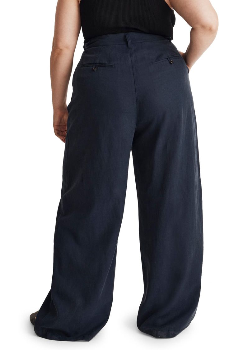 Made of a drapey Tencel® lyocell, cotton and linen blend, these straight-leg pants have sailor-inspired button tabs at the pleated high waist. A cool pick for your back-in-the-office needs. 29" inseam; 23" leg opening; 12" front rise; 14" back rise (size 8)   48% Tencel lyocell, 33% cotton, 19% linen   Tencel lyocell is a sustainably produced fiber made with closed-loop processing   Machine wash, tumble dry   Imported Linen Wide Leg Pants With Pockets For Business Casual, Business Casual Linen Wide Leg Pants With Pockets, Business Casual Linen Wide Leg Pants With Welt Pockets, Linen Chinos For Workwear, Casual Linen Wide Leg Pants For Work, Linen Chinos With Pockets For Work, Linen Chinos For Workwear With Pockets, Casual Linen Wide Leg Pants With Welt Pockets, Chic Linen Pants With Button Closure