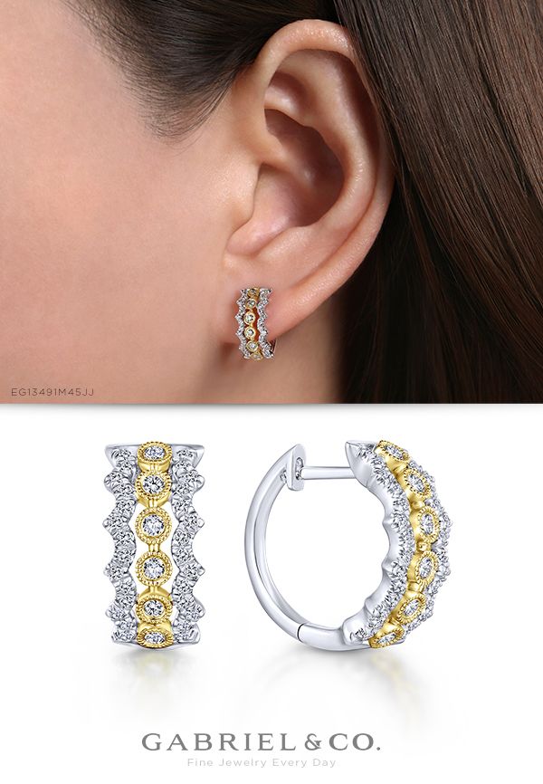 Round diamonds in yellow gold milgrain frames are bordered by scalloped strands of white gold and pave diamonds. These two tone huggie earrings are everyday chic.  EG13491M45JJ  #GabrielNY #DiamondJewelry #FineJewelry #GabrielAndCo #UniqueJewelry#FineJewelry#FashionJewelry#UniqueJewelry#GiftIdeas#UniqueGifts #Earrings #FashionEarrings#Yellow-WhiteGold Silver Earrings With Timeless Design For Anniversary, Elegant Formal Huggie Earrings With Lever Back, Luxury Timeless Silver Earrings, Luxury Timeless Design Earrings Gift, Luxury Diamond Earrings With Timeless Design For Anniversary, Formal Diamond Earrings With Timeless Design, Luxury White Huggie Earrings, Fine Jewelry Earrings With Timeless Design For Anniversary, Fine Jewelry Earrings For Anniversary With Timeless Design