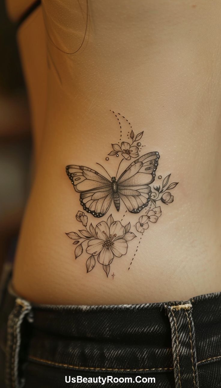 A realistic butterfly ribcage tattoo with floral elements, showcasing fine details and delicate shading. This small tattoo is perfect for girls who love the natural beauty and symbolism of butterflies and flowers. Small Ribcage Tattoo, Ribcage Tattoo Ideas, Flower Leg Tattoos, Monarch Butterfly Tattoo, Butterfly With Flowers Tattoo, Mum Tattoo, Thumb Tattoos, First Tattoo Ideas, Ribcage Tattoo