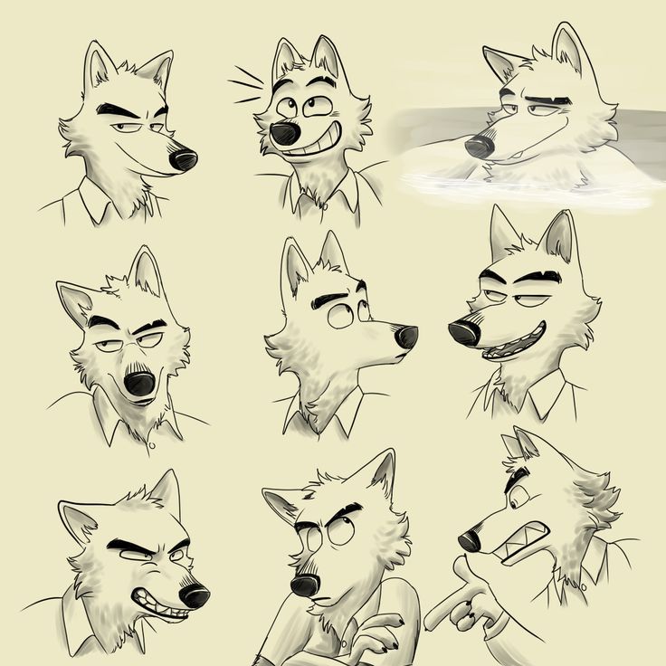 some drawings of different types of animals with their mouths open and eyes closed, including one wolf