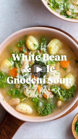 two bowls of white bean and gnocchini soup with the words, white bean and gnocchini soup