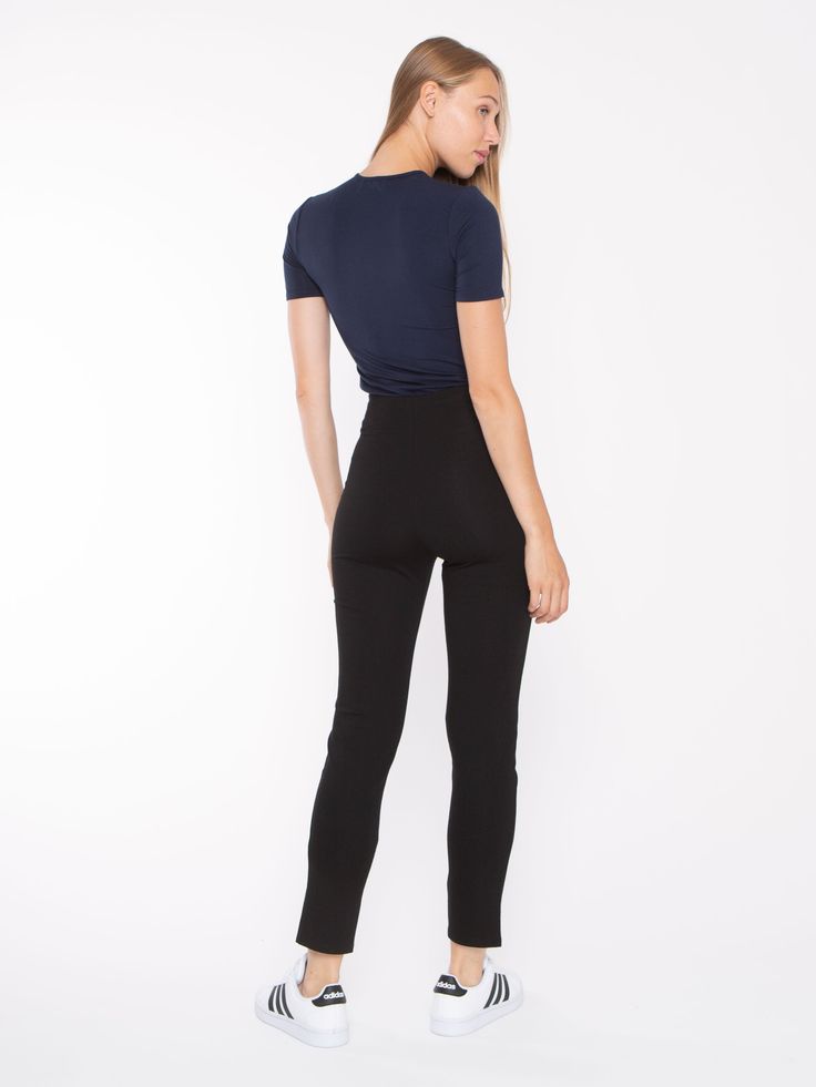 Black Ponte Knit Slim Leg Pant I Ripley Rader High-waisted Elastane Pants For Loungewear, Modern Stretch Bottoms For Loungewear, High Waist Minimal Stretch Leggings, Minimal Stretch High Waist Leggings, Modern High-waist Elastane Bottoms, High Rise Fitted Pants For Business Casual, Fitted High Rise Pants For Business Casual, Chic Comfort Stretch Tapered Leg Pants, Chic Elastane Leggings For Business Casual