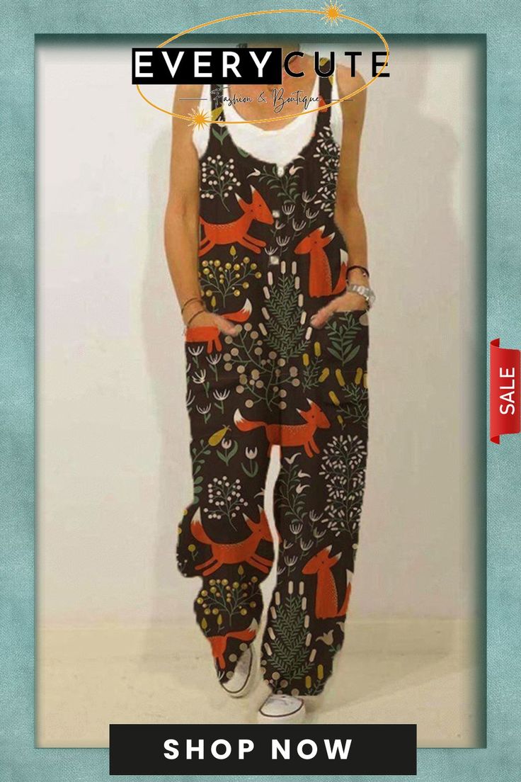 Cute Fox Printed Casual Overall Jumpsuit Casual Printed Patterned Jumpsuits And Rompers, Casual Patterned Jumpsuits And Rompers For Spring, Casual Patterned Jumpsuits And Rompers For Vacation, Printed Casual Relaxed Fit Jumpsuits And Rompers, Casual Printed Relaxed Fit Jumpsuits And Rompers, Casual Relaxed Fit Printed Jumpsuits And Rompers, Casual Floral Print Jumpsuits And Rompers, Casual Black Printed Jumpsuit/romper, Casual Black Printed Jumpsuit