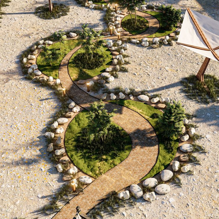 an artist's rendering of a pathway in the middle of rocks and grass with trees on either side