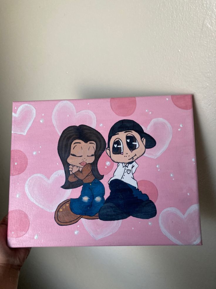 a painting of two people sitting next to each other on a pink background with hearts