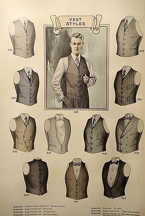 Plate from 1927 J.L. Taylor men's fashion catalogue. Fabulous selection of tailored vests for any style combination. Double Breasted style for Weisskopf. Gentleman Mode, Era Victoria, Áo Blu, Stil Masculin, Siluete Umane, Gilet Costume, Mode Masculine, Fashion Catalogue, Old Fashion