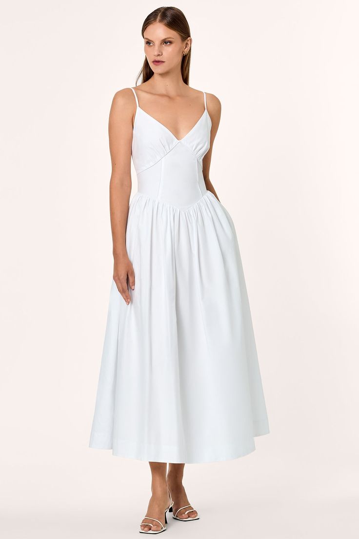 Summer V-neck Dress With Boned Bodice, V-neck Dress With Ruched Bodice For Daywear, Elegant Fitted V-neck Dress For Daywear, Feminine White Midi Dress With Lined Bodice, Fitted V-neck Unlined Dresses, White V-neck Dress With Fitted Bodice, V-neck Fitted Midi Dress With Ruched Bodice, White Sleeveless Dress With French Seams, White V-neck Lined Midi Dress