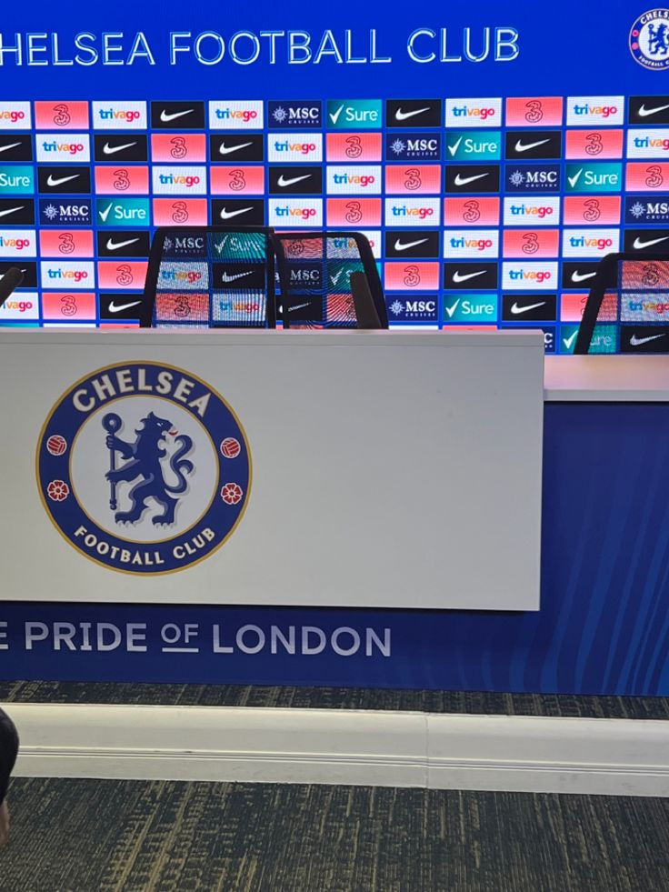 Chelsea football club logo lion the pride of London sponsors Nike Trivago MSC Three Press Conference Aesthetic, Press Conference Room, Stanford Bridge, Chelsea Stadium, Stamford Bridge Stadium, Football Stadium, Stadium Tour, Chelsea Football Club, Stamford Bridge