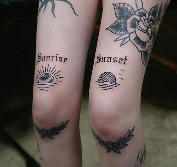 two tattoos on both legs with the words sunrise and sunflowers written below them