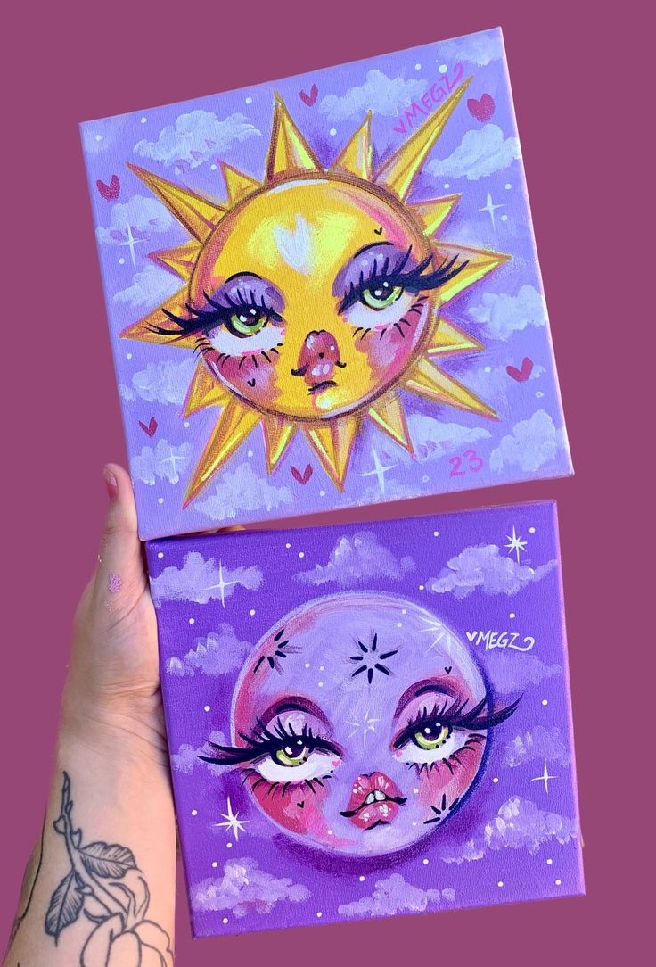 two paintings with sun and moon designs on them, one is purple and the other is pink