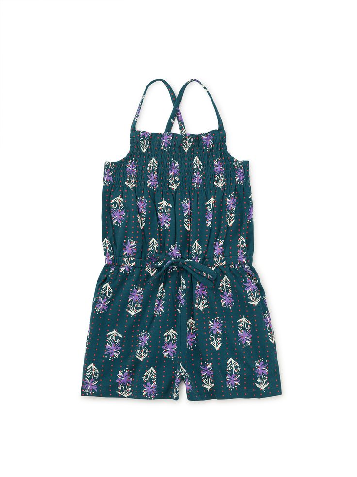 Our in-house artists designed this exclusive print inspired by their recent trip to Kenya. Looks like such a cute dress, but look again! This Tea favorite is a summer-ready romper that allows your kiddo such freedom to play. A smocked bodice adds even more style and comfort. Crafted from 100% soft cotton jersey that keeps its color. Decorative waist tie on the elastic waist. Slash pockets. Thigh length. Summer Cotton Printed Bubble Romper, Summer Printed Bubble Romper For Playtime, Cute Printed Sleeveless Bubble Romper, Cute Printed Sleeveless Jumpsuits And Rompers, Green Bubble Romper For Summer Beach, Green Bubble Romper For Beach In Summer, Green Summer Bubble Romper For Beach, Casual Printed Bubble Romper For The Beach, Multicolor Sleeveless Bubble Romper For Spring