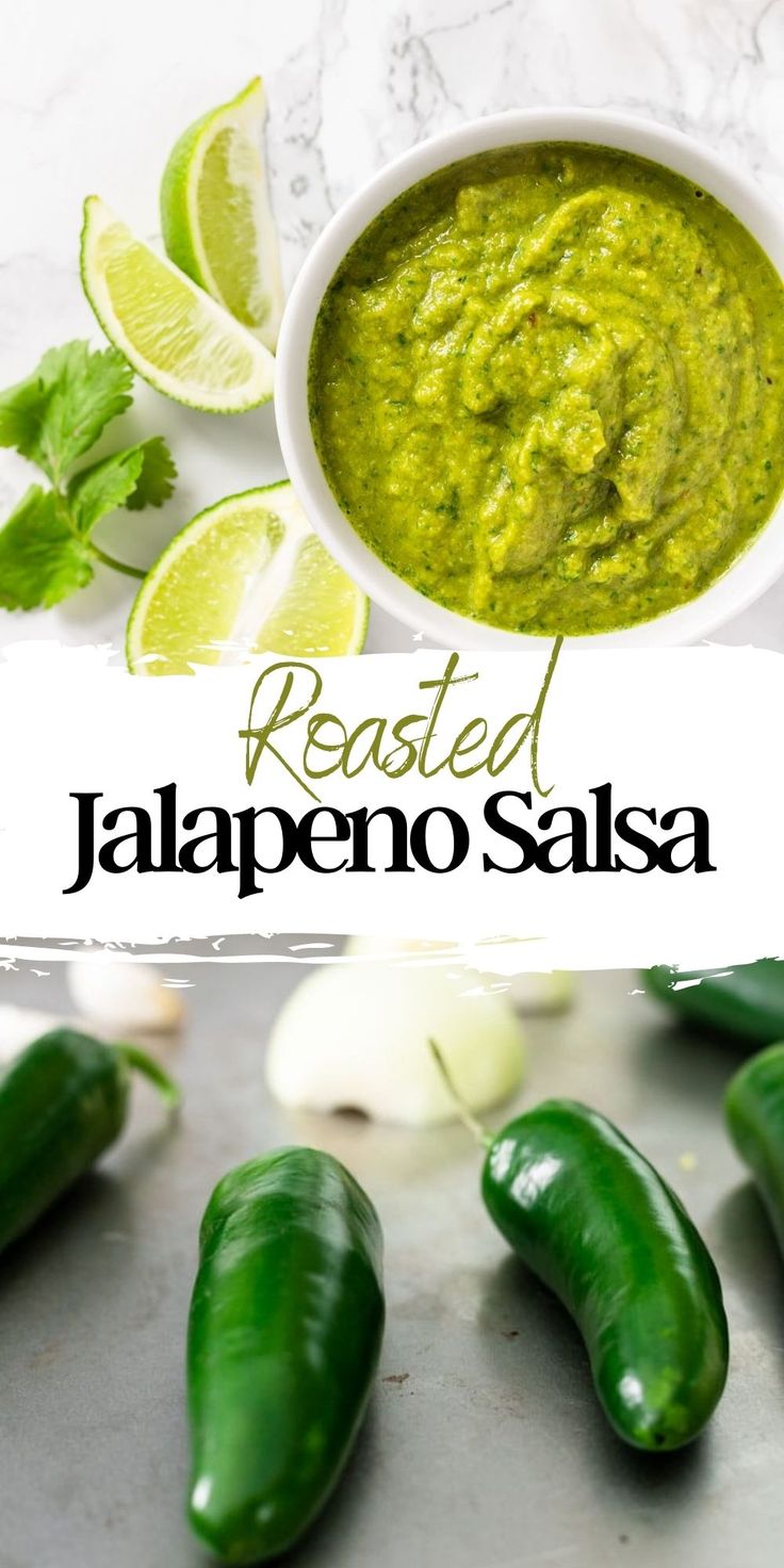 jalapeno salsa in a white bowl with limes and cilantro on the side