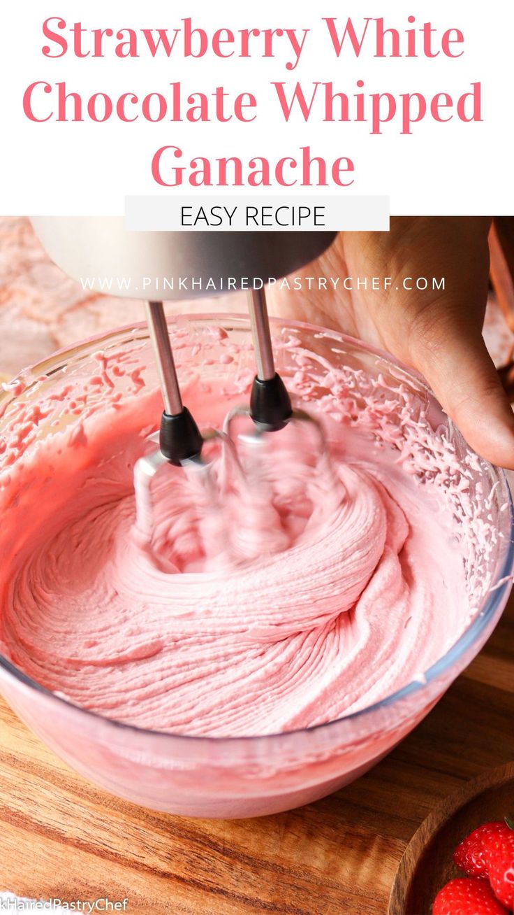 strawberry white chocolate whipped ganache in a bowl with strawberries