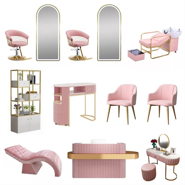 pink furniture and mirrors are featured in this image